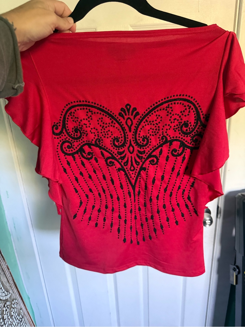 Women's Red Ruffled Sleeve Top with Black Studded Heart Back vintage whimsigoth